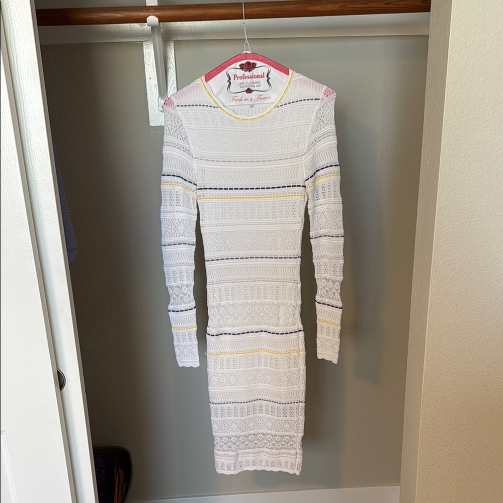 NWOT Ronny Kobo Size S White Lace Dress with Blue and Yellow Accents